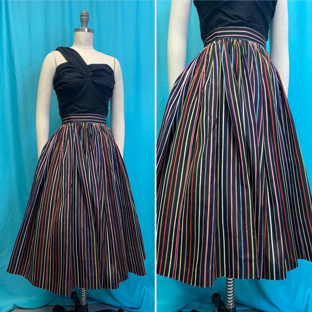 Vintage 1950s Rainbow Black Taffeta Circle Skirt S